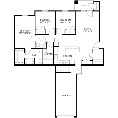 Floor plan for 3 beds, 2 baths, 1323 sqft